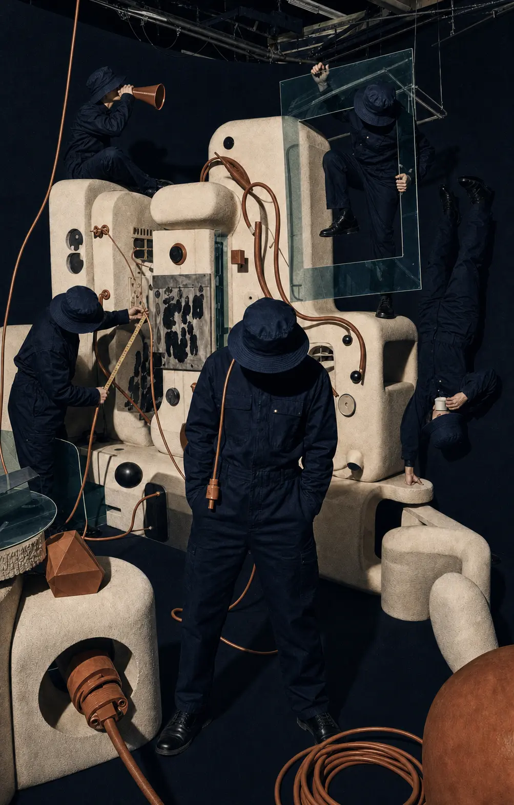 Five versions of one studio member working around an abstract machine.